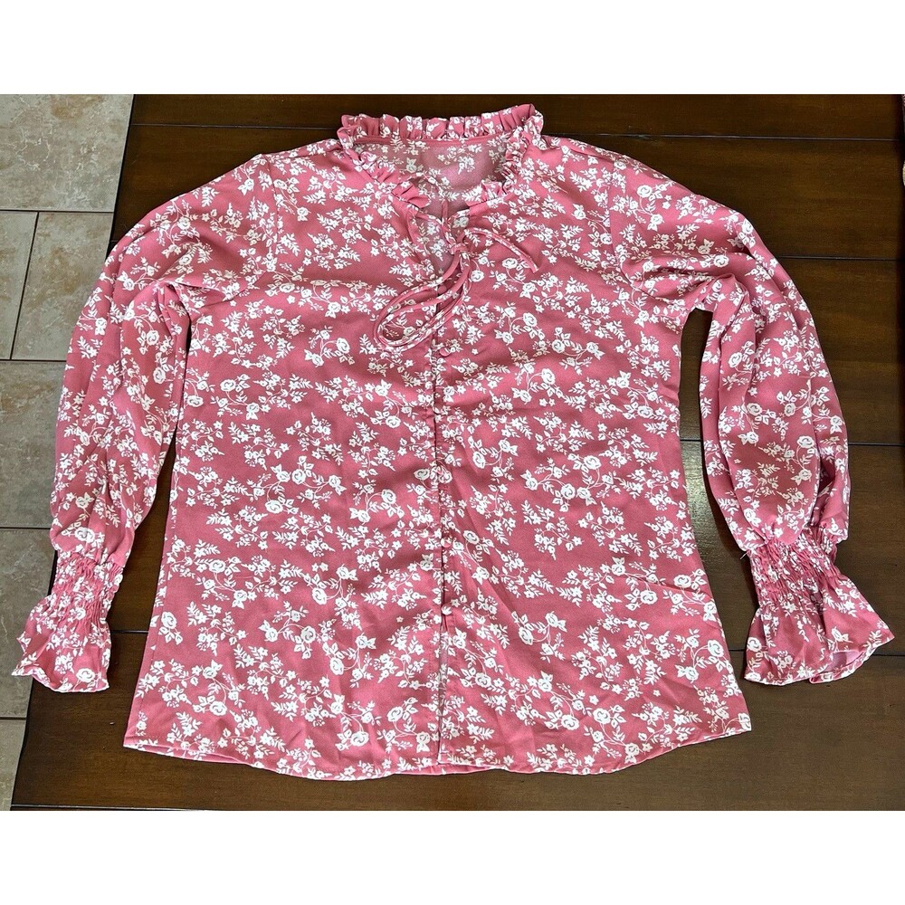 Dusty Rose Pink Floral Cottagecore Tie Neck Ruffle Blouse Top S